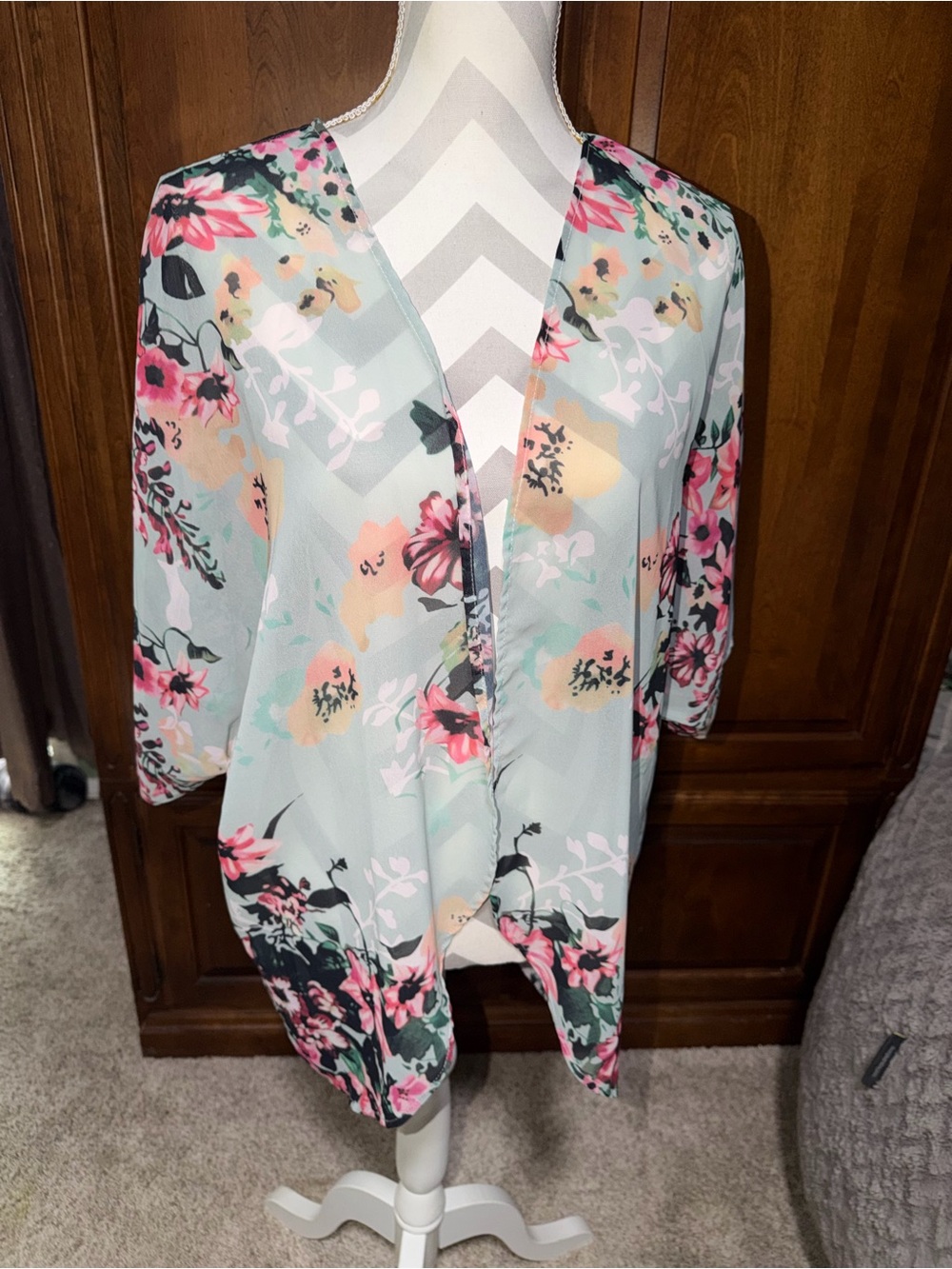 Women's Mint Floral Open-Front Kimono Cardigan